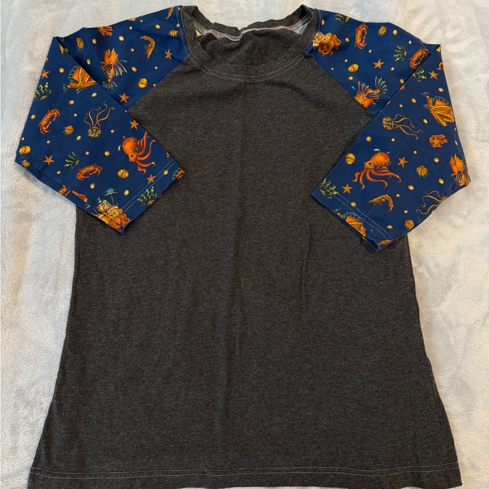 Steampunk Sea Creatures 3/4 Sleeve Gray and Blue Raglan Shirt